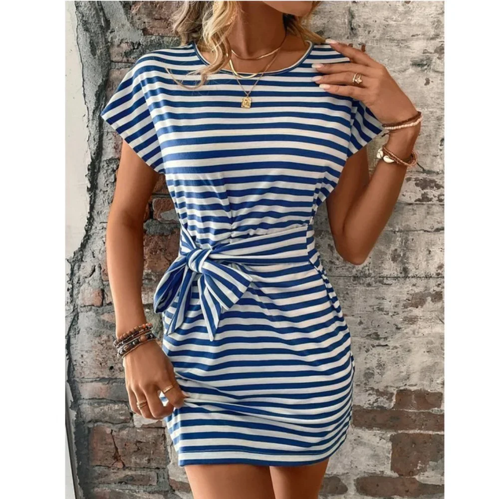 Nautical Womens Striped Batwing Sleeve Knot Front Dress - Picture 5 of 6